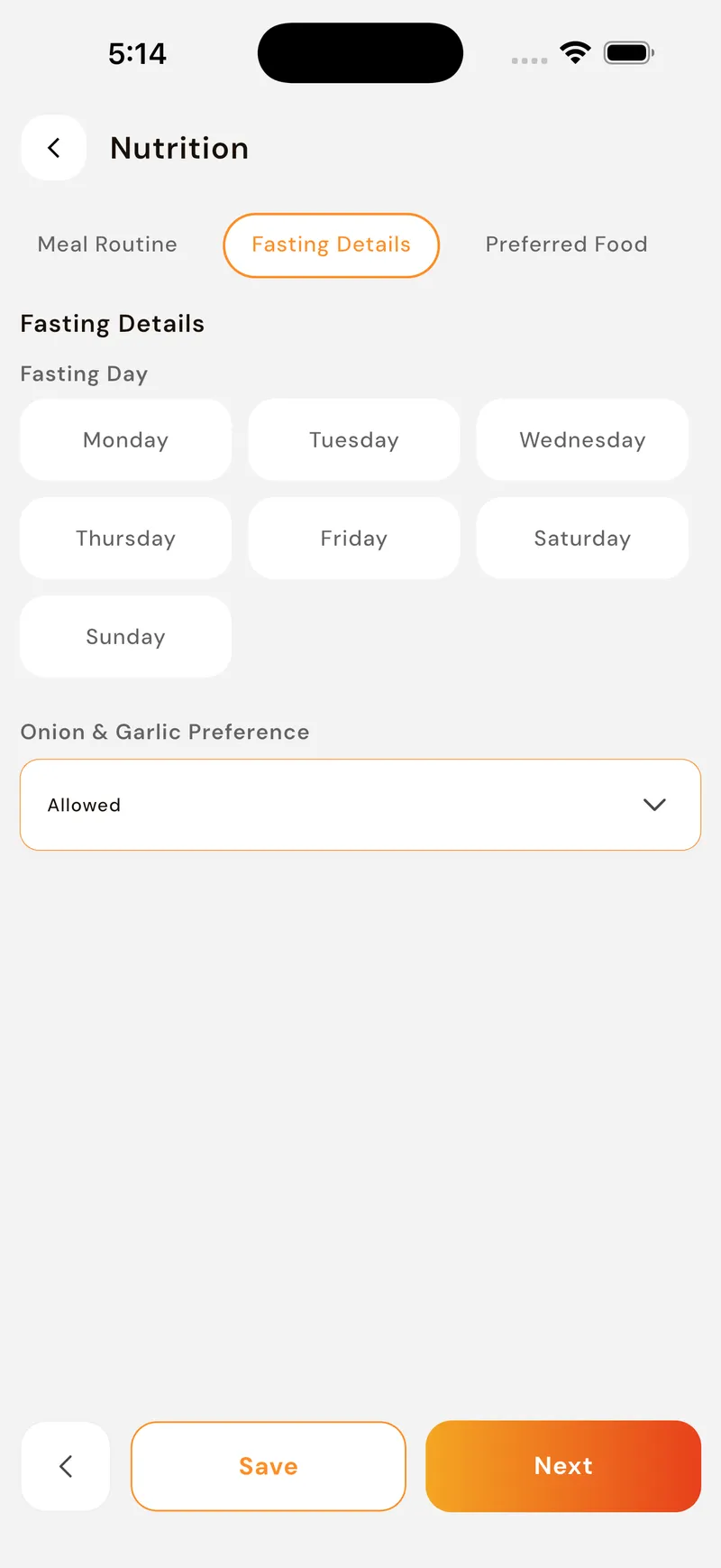 GoFitYatra fasting and non-veg days screen