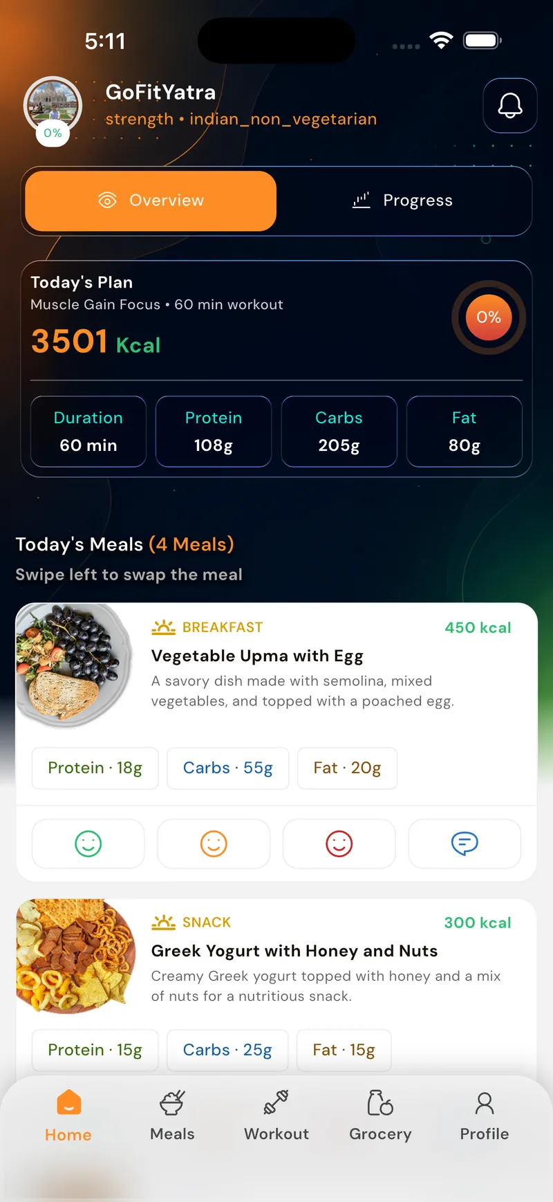 GoFitYatra first day meal plan screen