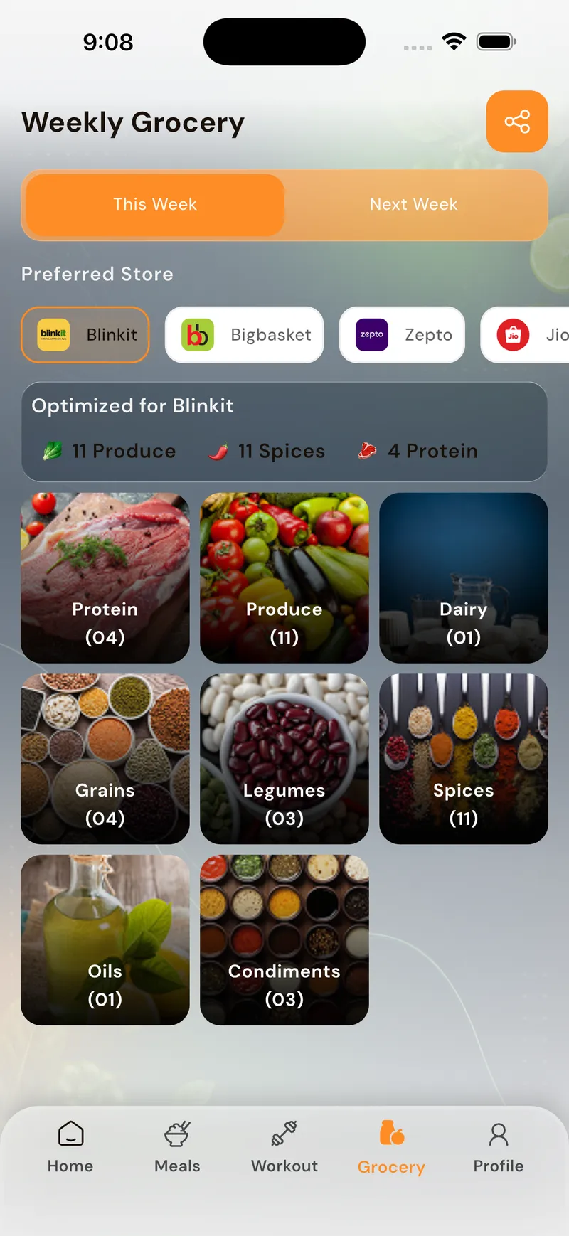 GoFitYatra weekly meal plan to shopping list