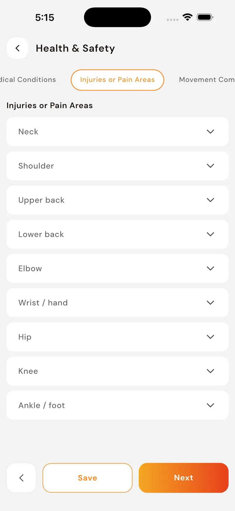 GoFitYatra injuries and pain areas screen