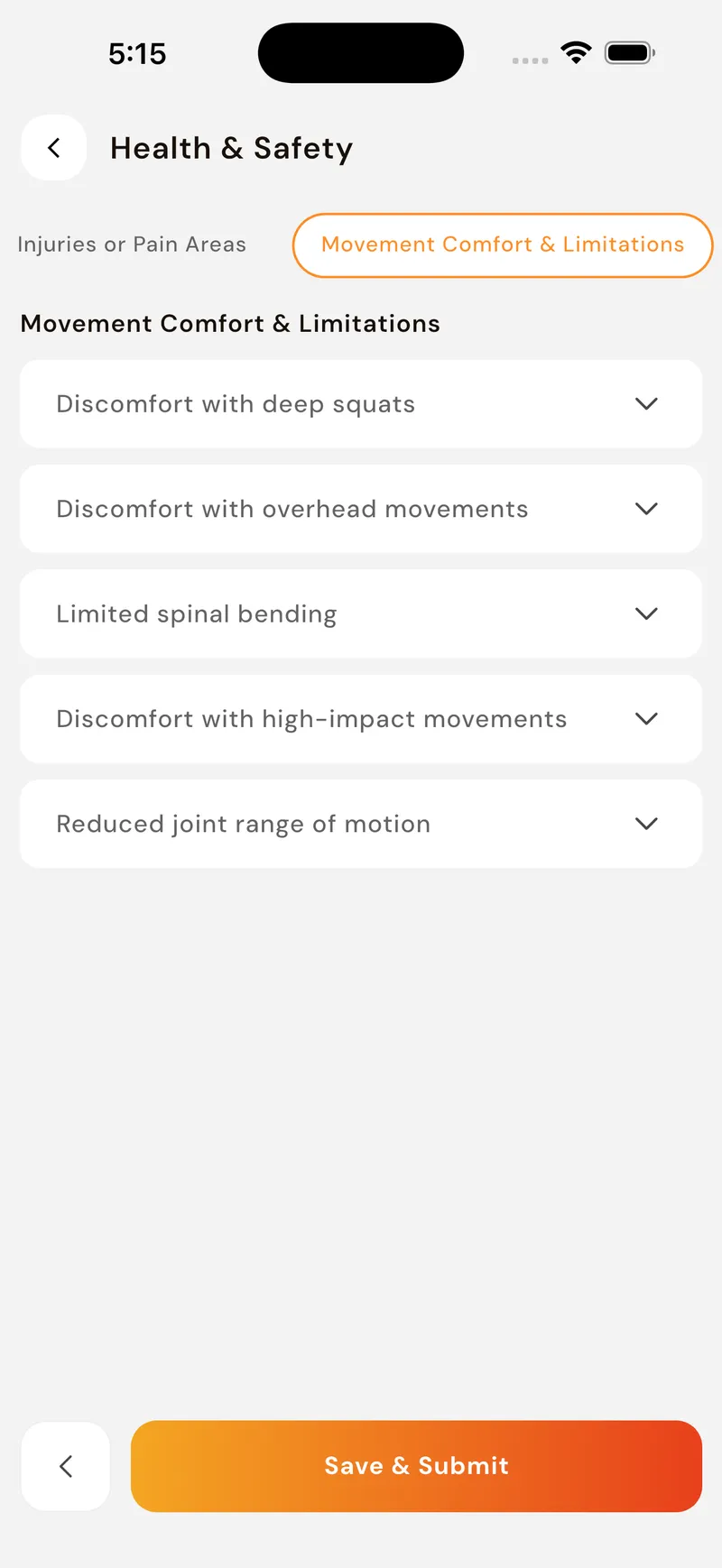 GoFitYatra movement comfort screen