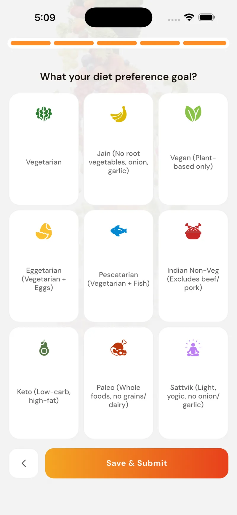 GoFitYatra onboarding diet preference screen
