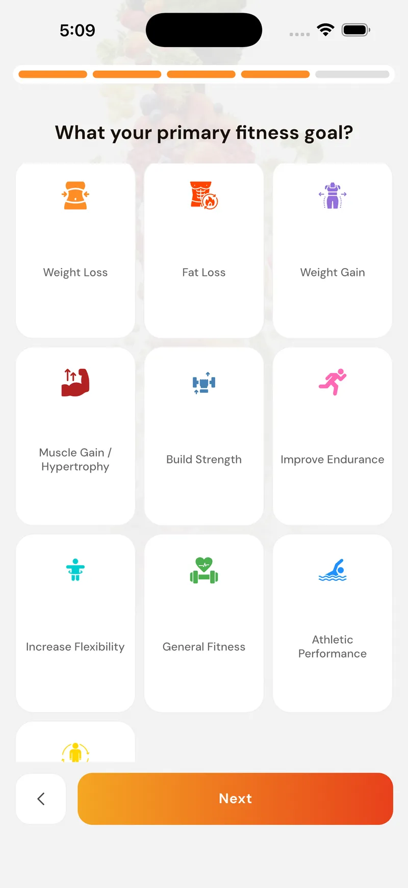 GoFitYatra onboarding fitness goal screen