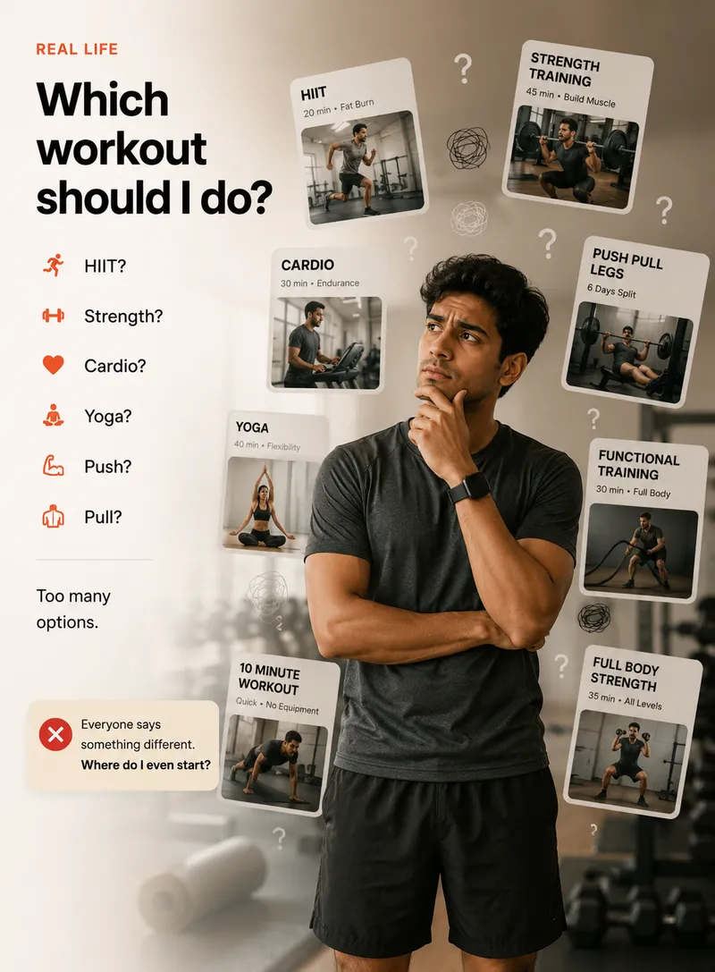 Person overwhelmed while choosing a workout