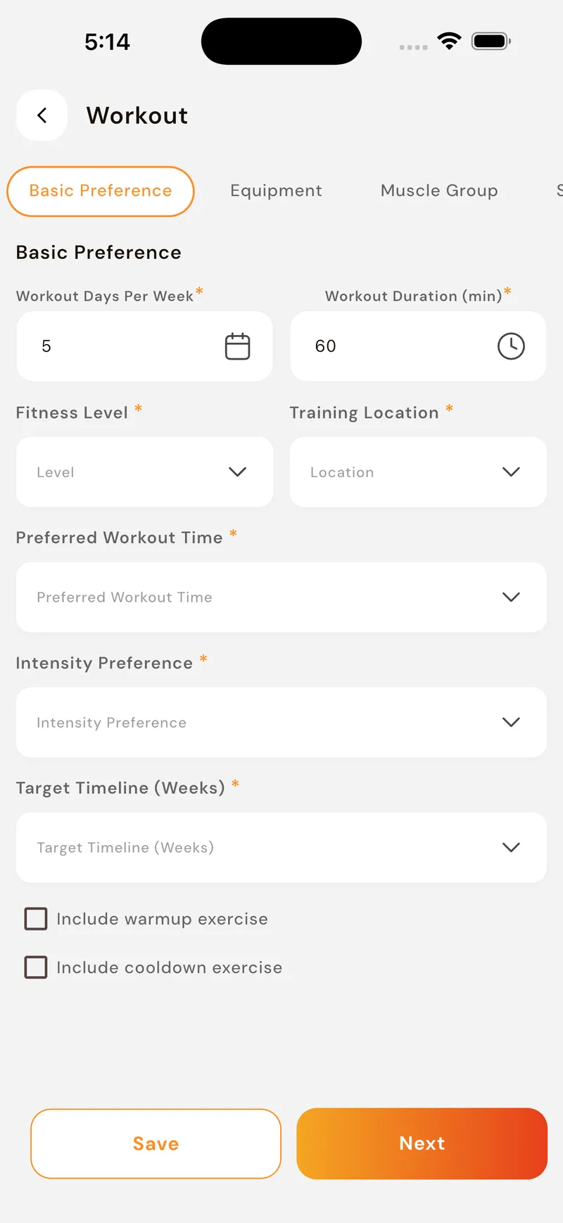GoFitYatra workout preference screen